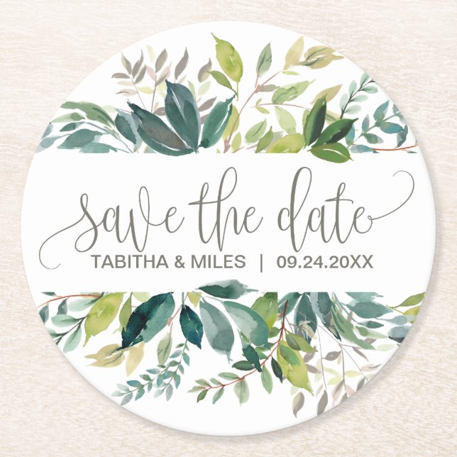 Foliage Wedding Save the Date Announcement Runder Pappuntersetzer (Vorderseite)