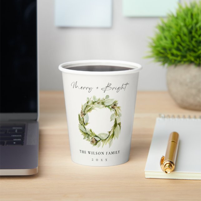 Foliage Winter Wreath Merry & Bright Christmas Pappbecher (InSitu)