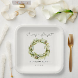 Foliage Winter Wreath Merry & Bright Christmas Pappteller