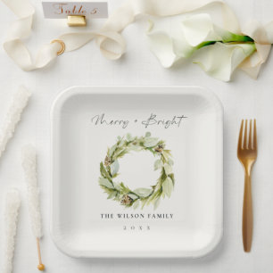 Foliage Winter Wreath Merry & Bright Christmas Pappteller