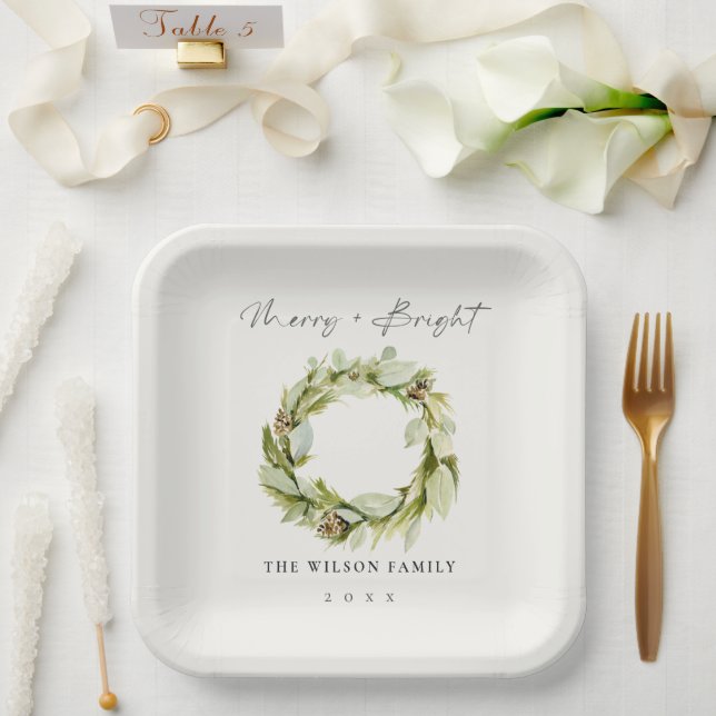 Foliage Winter Wreath Merry & Bright Christmas Pappteller (Hochzeit)