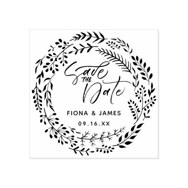 Foliage Wreath Brush-Skript Save the Date Gummistempel (Prägung)