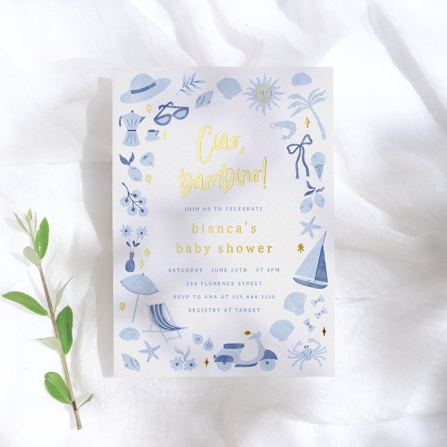 Folie Ciao Bambino Italienischer blauer Junge Baby Folieneinladung (Von Creator hochgeladen)