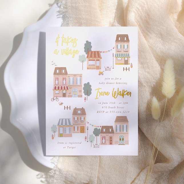 Folie Es Braucht Ein Dorf Geschlechtsneutrale Baby Folieneinladung (Von Creator hochgeladen)