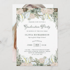 Folien und Blüten | Sage Green Grad Party Foto Einladung