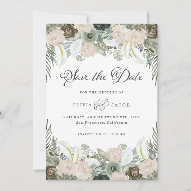 Folien und Blüten | Sage Green Wedding Save The Date (Vorderseite)