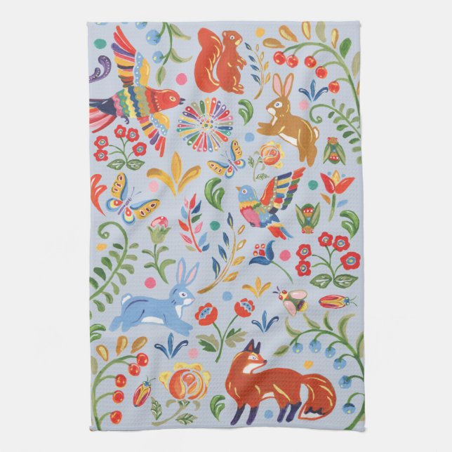 Folk Animal Woodland Floral Blue Niedlich Fiesta Geschirrtuch (Vertikal)