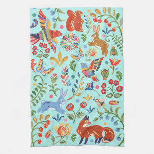 Folk Animal Woodland Floral Turquoise Fiesta Geschirrtuch