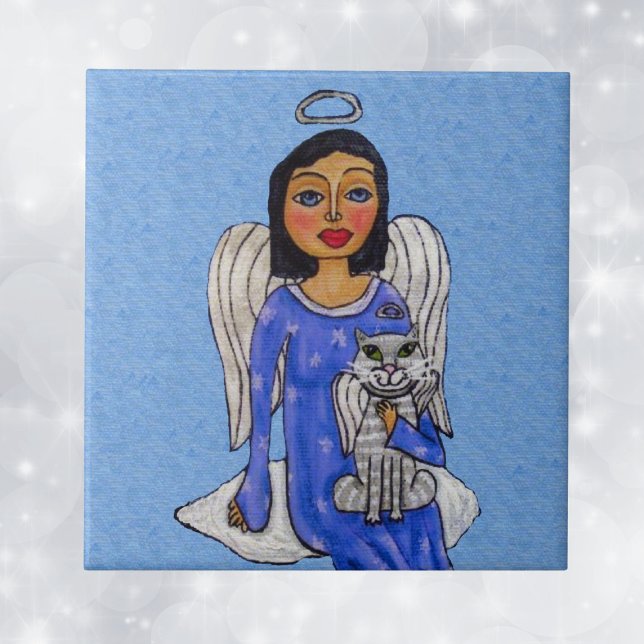 Folk Art Angel Blue Augen White Angel Cat auf Clou Fliese (Angel Blue eyes dress holding white angel cat on cloud on sky blue decorative ceramic tile.)