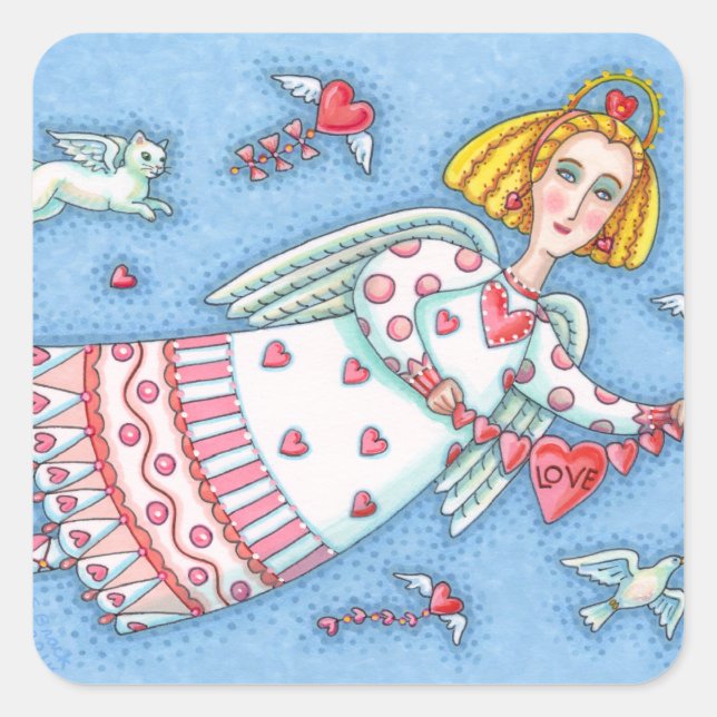 FOLK ART ANGEL, CAT UND FLIEGENDE HERZEN QUADRATISCHER AUFKLEBER (Vorderseite)