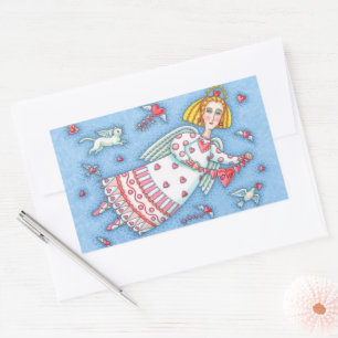FOLK ART ANGEL, CAT UND FLIEGENDE HERZEN RECHTECKIGER AUFKLEBER