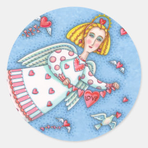 FOLK ART ANGEL, CAT UND FLIEGENDE HERZEN RUNDER AUFKLEBER