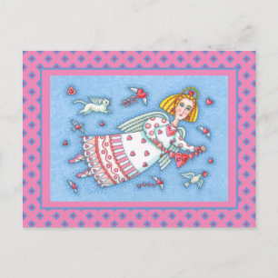 FOLK ART ANGEL, CAT UND FLIEGENDE HERZWERTE VALENT FEIERTAGSPOSTKARTE