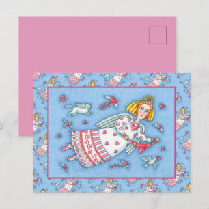 FOLK ART ANGEL, CAT UND FLIEGENDE HERZWERTE VALENT FEIERTAGSPOSTKARTE