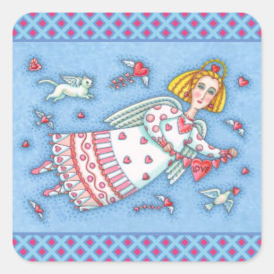 FOLK ART ANGEL, CAT UND FLIEGENDE HERZWERTE VALENT QUADRATISCHER AUFKLEBER
