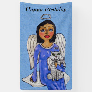 Folk Art Angel on Cloud White Angel Cat Blue Banner