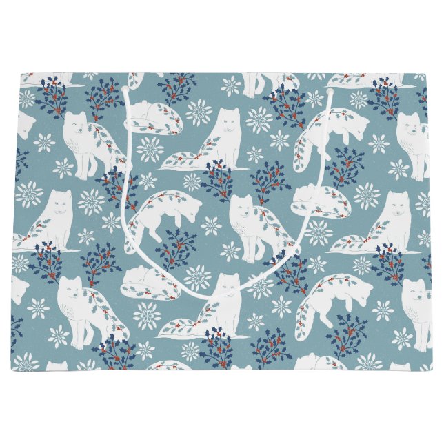 Folk Art Arctic Fox im Schnee mit Holly Große Geschenktüte (Vorderseite)