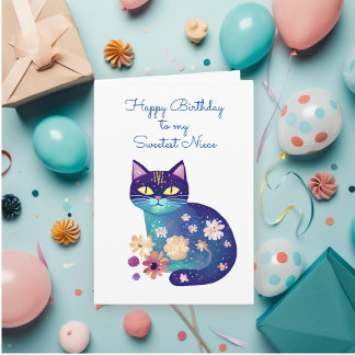 Folk Art Art Cat and Blume Niece's Geburtstag Karte