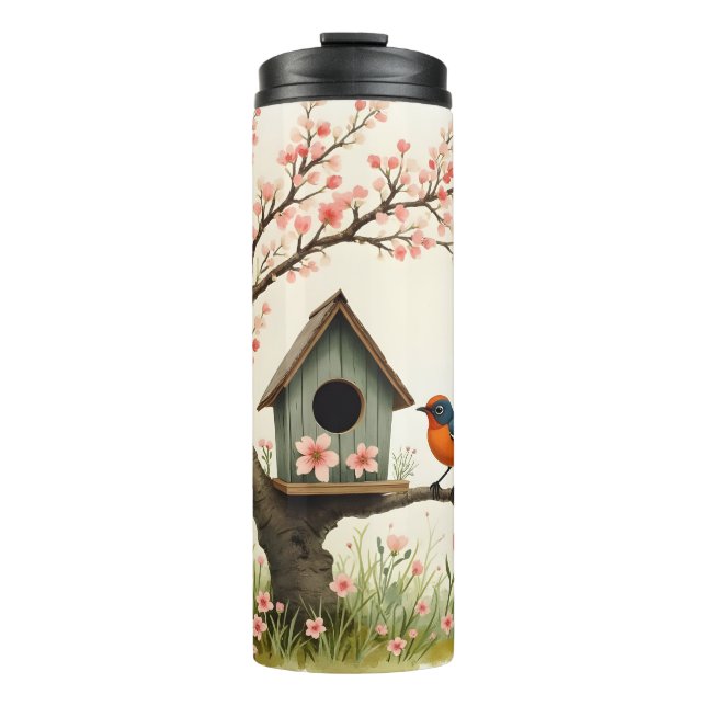Folk Art Bird und Birdhouse Thermosbecher (Vorderseite)