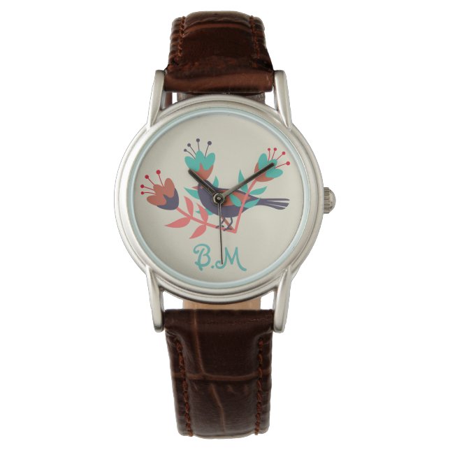 Folk Art Bird und Floral Monogram Armbanduhr (Vorderseite)