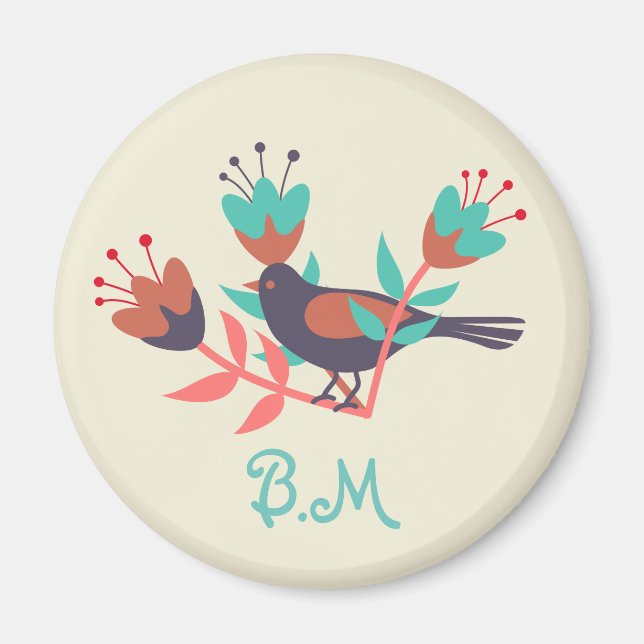 Folk Art Bird und Floral Monogram Magnet (Vorne)