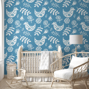 Folk Art Birds Blue White Tapete