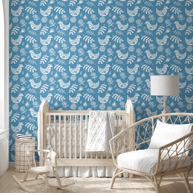 Folk Art Birds Blue White Tapete (Kinder)