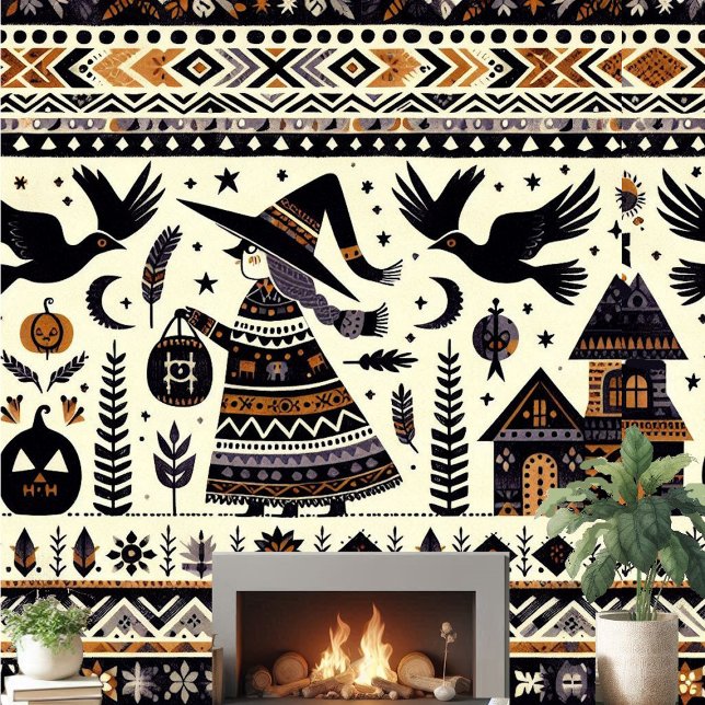 Folk Art Black Birds Pumpkins Hexenhaus Spuk Tapete (Folk Art Black Birds Pumpkins Witch Haunted House Wallpaper )