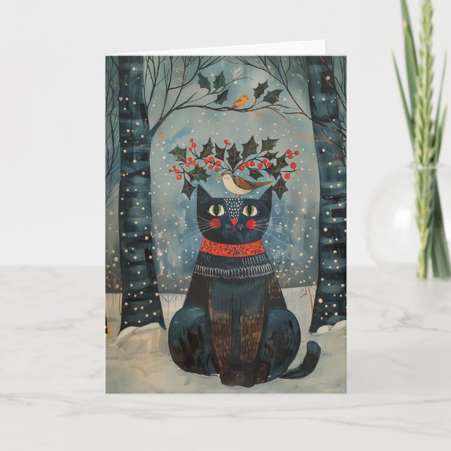 Folk Art Black Cat Notecard - Stationary Karte (Vorderseite)