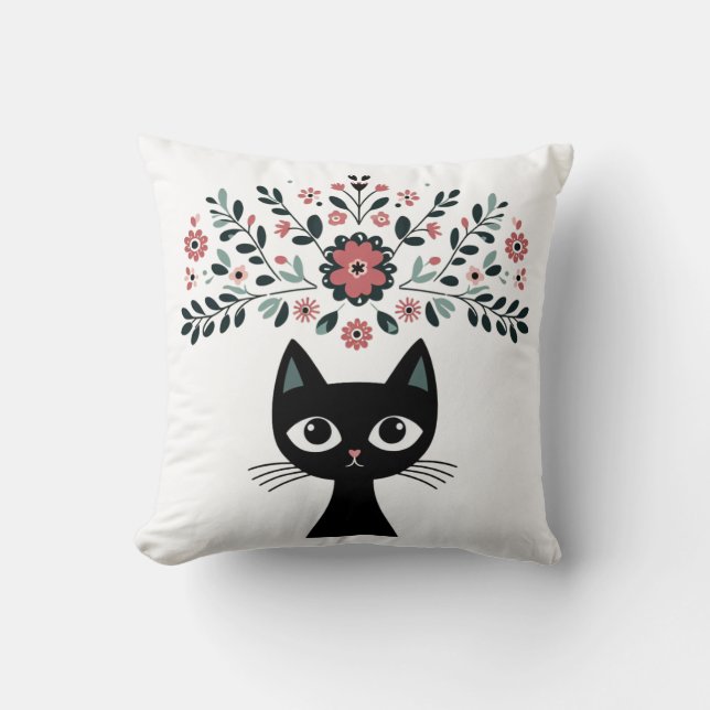 Folk Art Black Cat und Blume Kissen (Vorderseite)