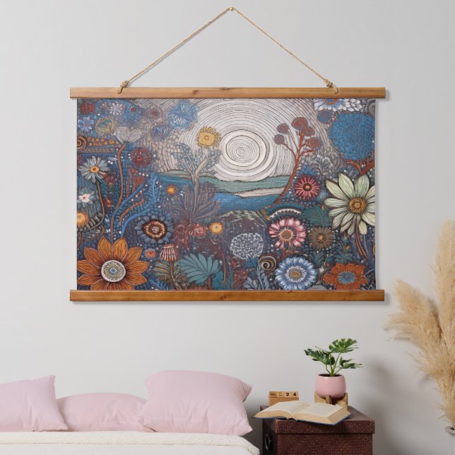 Folk Art Blume Landschaft Wand hängen Wandteppich Mit Holzrahmen (Schlafzimmer)