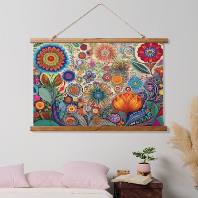 Folk Art Blume Mauer hängen Wandteppich Mit Holzrahmen (Schlafzimmer)