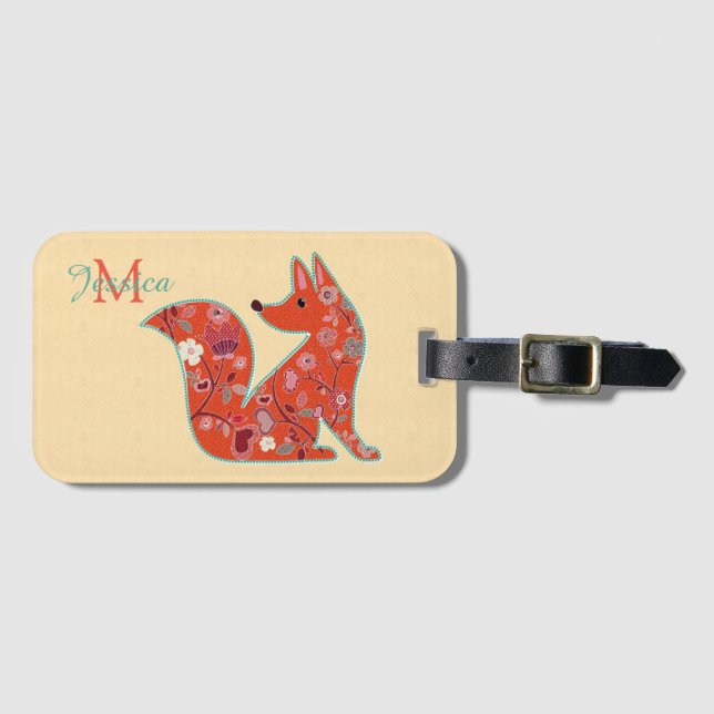 Folk Art Blume Muster Fox Personalisiert Gepäckanhänger (Vorderseite (Horizontal))