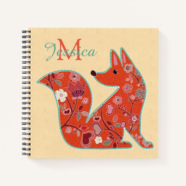 Folk Art Blume Muster Fox Personalisiert Notizbuch (Vorderseite)