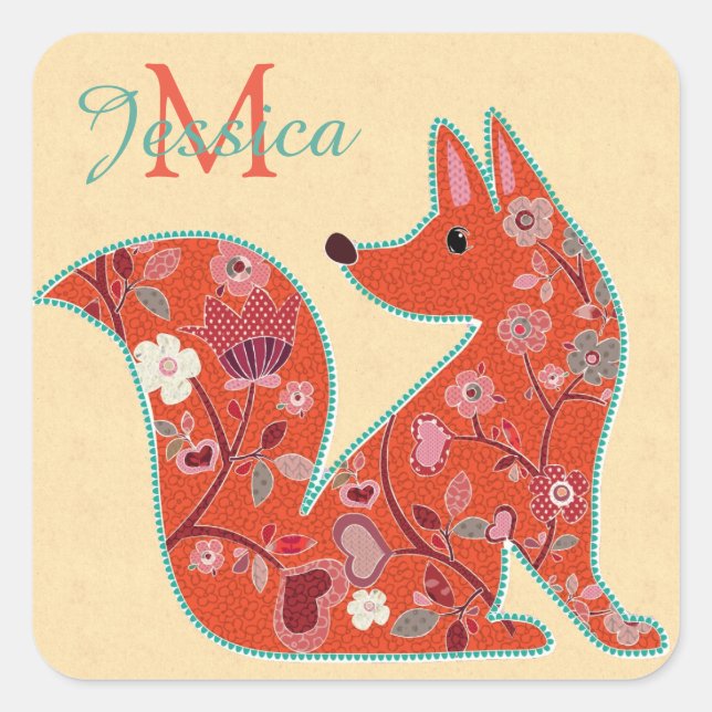Folk Art Blume Muster Fox Personalisiert Quadratischer Aufkleber (Vorderseite)