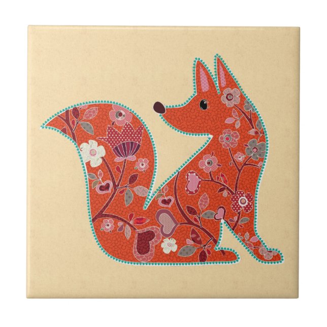 Folk Art Blume Pattern Fox Fliese (Vorderseite)
