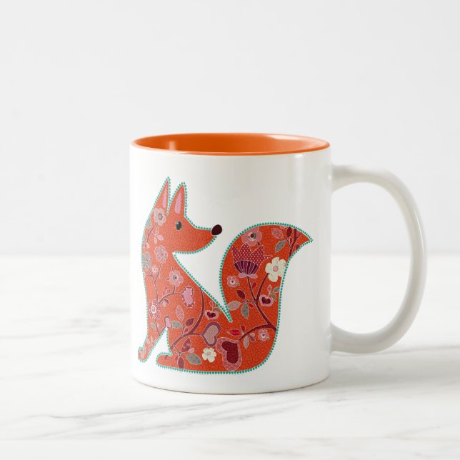 Folk Art Blume Pattern Fox Zweifarbige Tasse (Rechts)