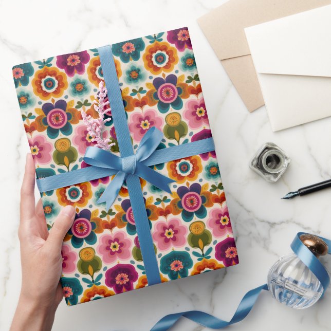 Folk Art Blume Retro BOHO Chic Blumenmuster Geschenkpapier (Schenken)