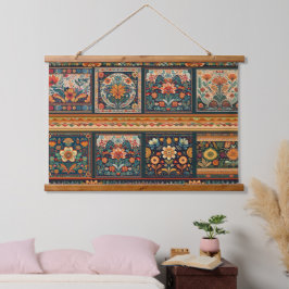 Folk Art Blume Tiles Walll Hanging Wandteppich Mit Holzrahmen