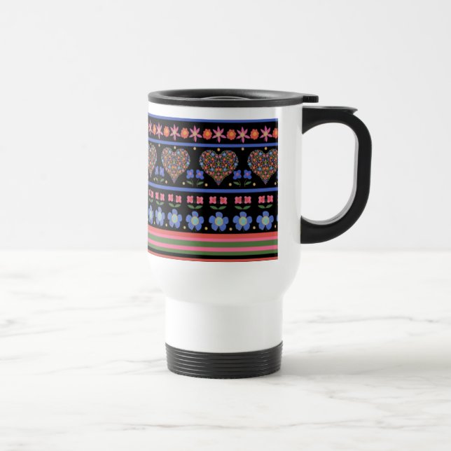 Folk Art Border, Black Non Spill Travel Mug Reisebecher (Rechts)