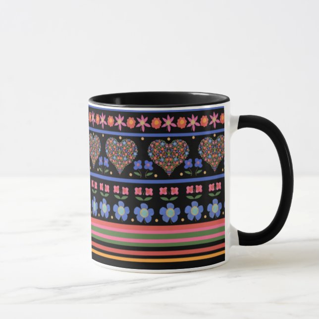 Folk Art Border on Black Ringer Coffee Tasse (Rechts)