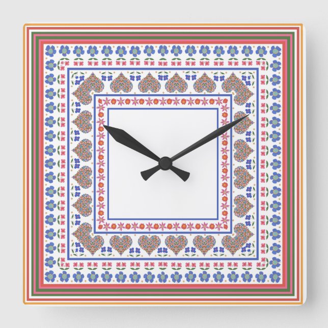 Folk Art Border Square Wall Uhr (Vorderseite)