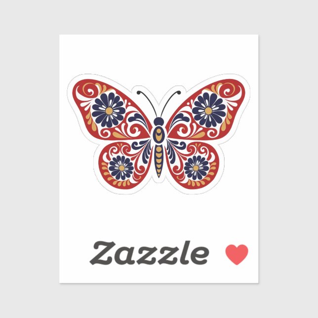 Folk Art Butterfly Sticker - Red & Navy Blue Flora (Blatt)
