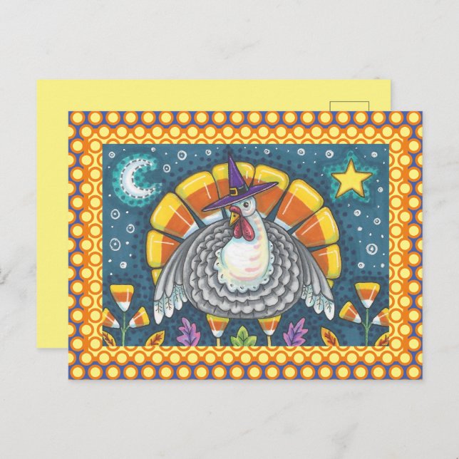 FOLK ART CANDY CORN TURKEY PILGRIM, ERNTEDANK POSTKARTE (Vorne/Hinten)