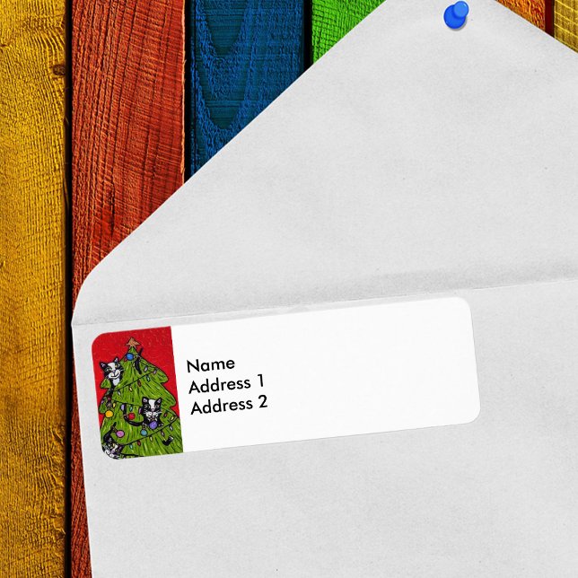 Folk Art Cats Weihnachtsbaum (Naughty tuxedo Cats in decorated Christmas Tree on return address labels.)