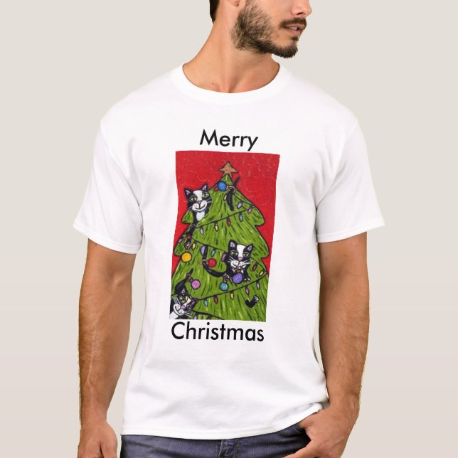 Folk Art Cats Weihnachtsbaum T-Shirt (Vorderseite)