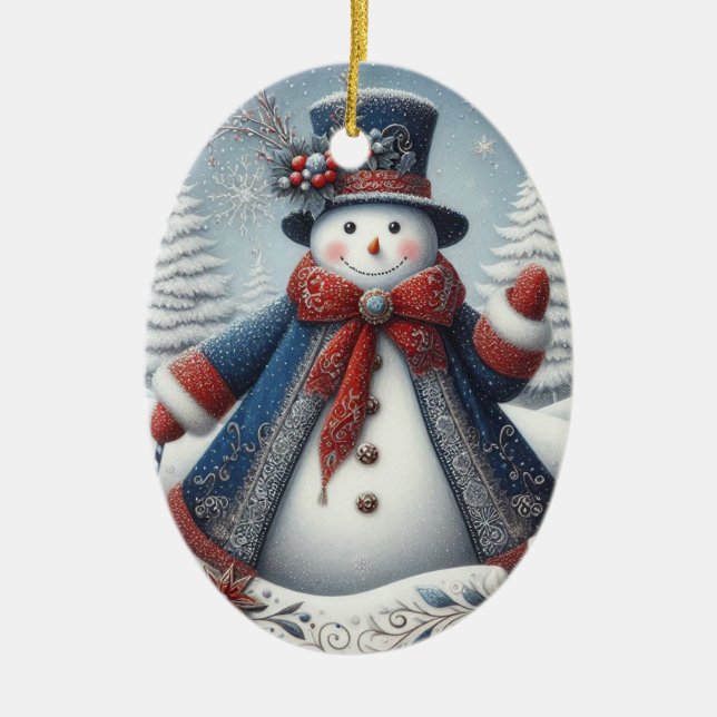 Folk Art Christmas Snowman Keramik Ornament (Vorne)