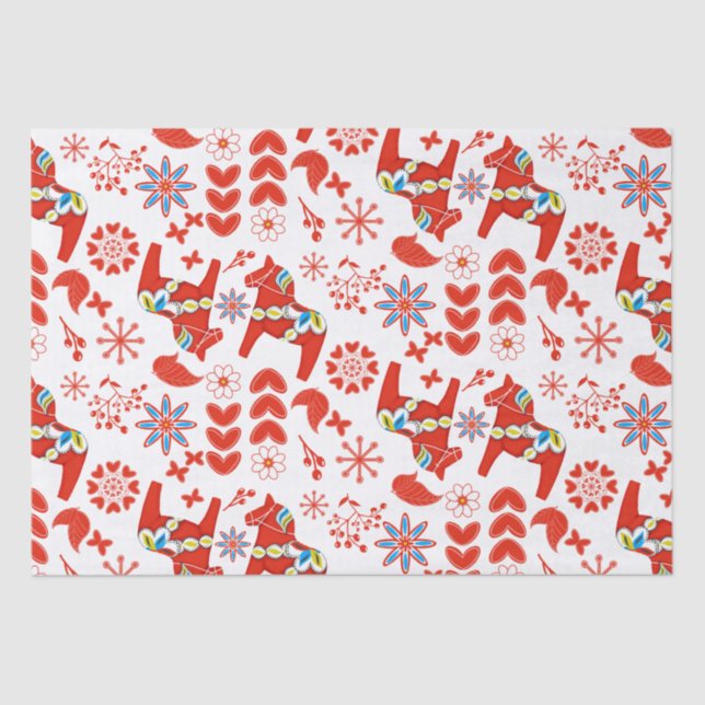 Folk Art Dala Swedish Red Horse Floral Pattern Seidenpapier (Vorderseite)