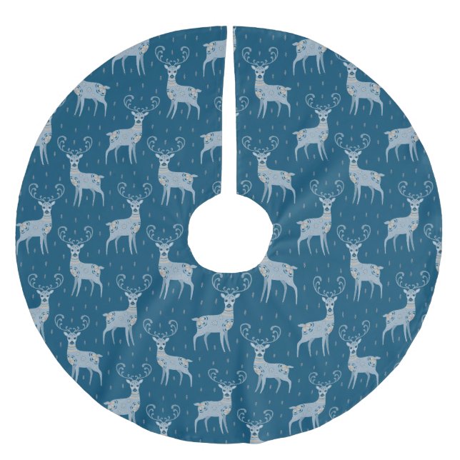 Folk Art Deer on Blue Polyester Weihnachtsbaumdecke (Vorderseite)