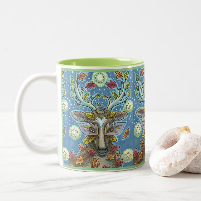 FOLK ART DEIN IM HERBLICHEN WALD, VOD NEST & MOON ZWEIFARBIGE TASSE (Mit Donut)